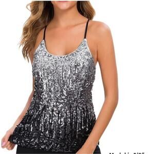☀️Maner Sequin Sleeveless Strappy Cami Tank Top Silver/Black Women’s Size M NWT